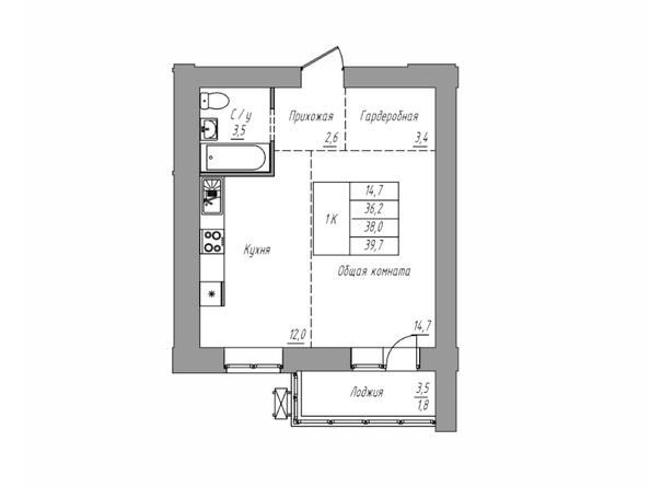 Планировка 1-комн 36,2 - 39,7 м²