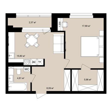 Планировка Студия 56,42 - 56,97 м²