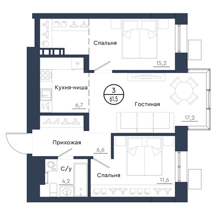 Планировка 3-комн 61,5 м²