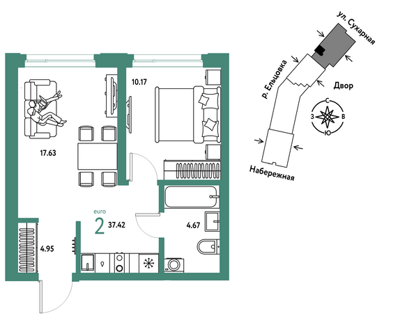 Планировка 2-комн 37,42, 37,68 м²