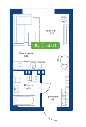 Планировка 1-комн 30,11 м²