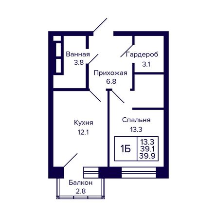 Планировка 1-комн 39,9 м²