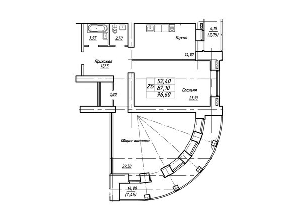 Планировка двухкомнатной квартиры 96,6 кв.м