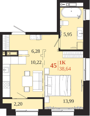 Планировка 1-комн 38,64, 38,65 м²
