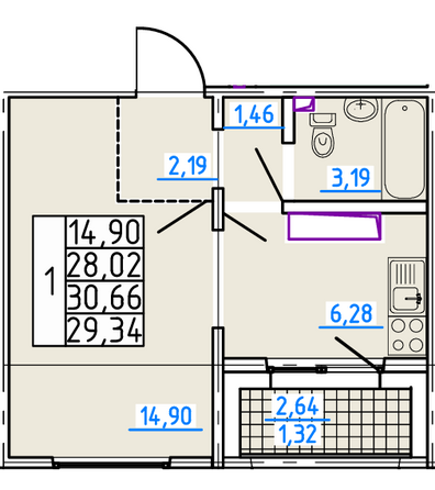 Планировка 1-комн 29,34 м²