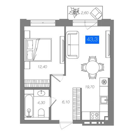 Планировка 1-комн 43,3 м²