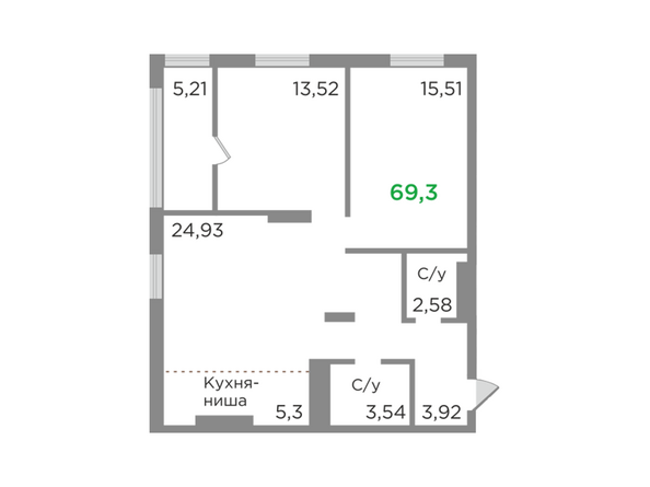 Планировка трехкомнатной квартиры 69,3 кв.м