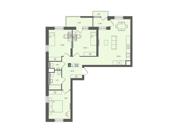 Планировка 3-комн 89,86 м²