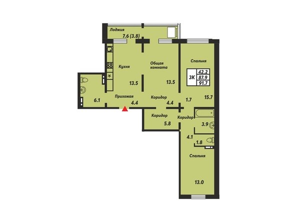 Планировка 3-комнатной квартиры 91,7 кв.м