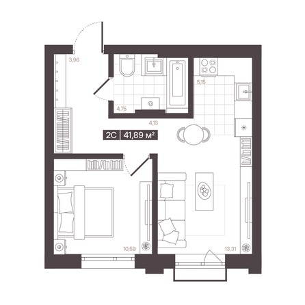 Планировка 2-комн 41,89 м²