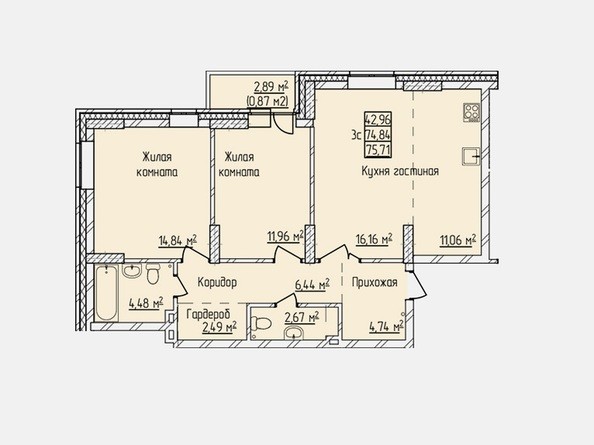 Планировка трехкомнатной квартиры 75,71 кв.м