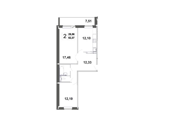 Планировка двухкомнатной квартиры 62,37 кв.м