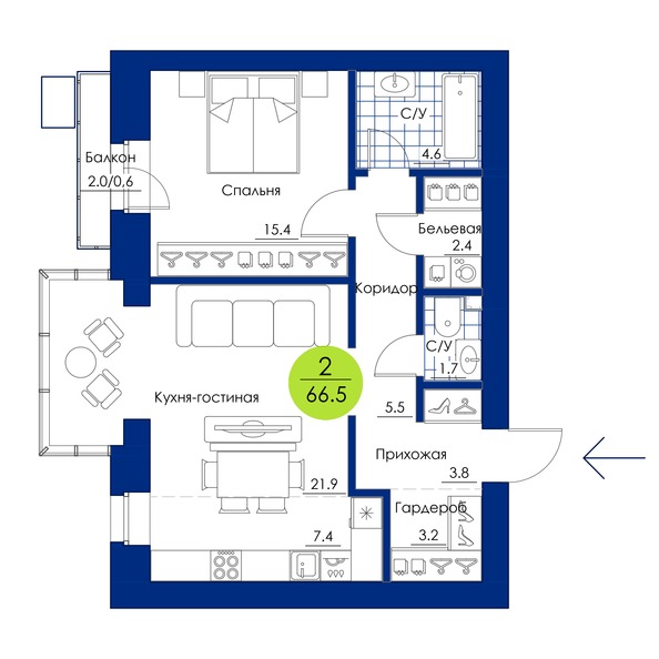 Планировка 2-комн 66,5 м²