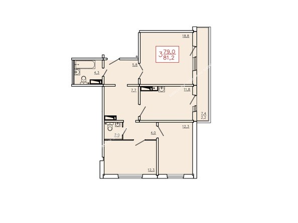 Планировка трехкомнатной квартиры 81,2 кв.м. Этажи 2-9