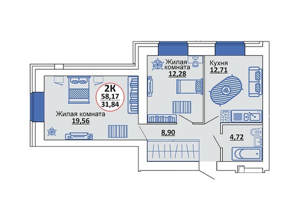 Планировка 2-комнатной квартиры 58,17 кв.м