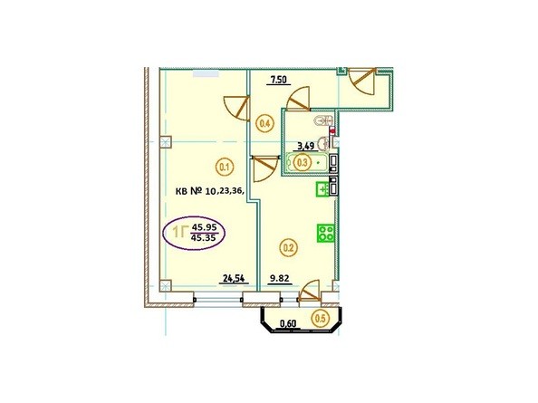 Планировка 1-комнатной квартиры 45,95 кв.м
