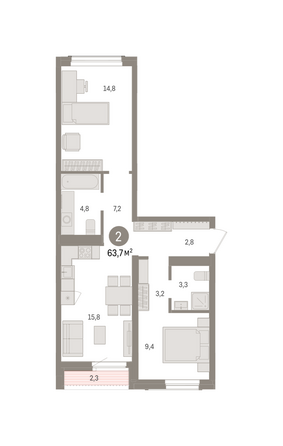 Планировка 2-комн 63,74 м²