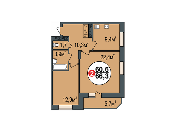 Планировка двухкомнатной квартиры 66,3 кв.м