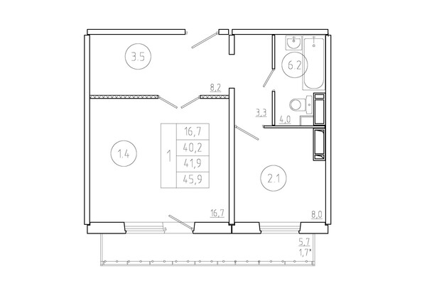 Планировка 1-комн 41,9 м²