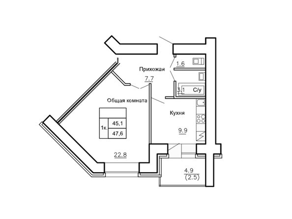 Планировка однокомнатной квартиры 47,6 кв.м