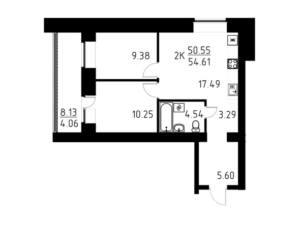 Планировка 2-комн 54,61 м²