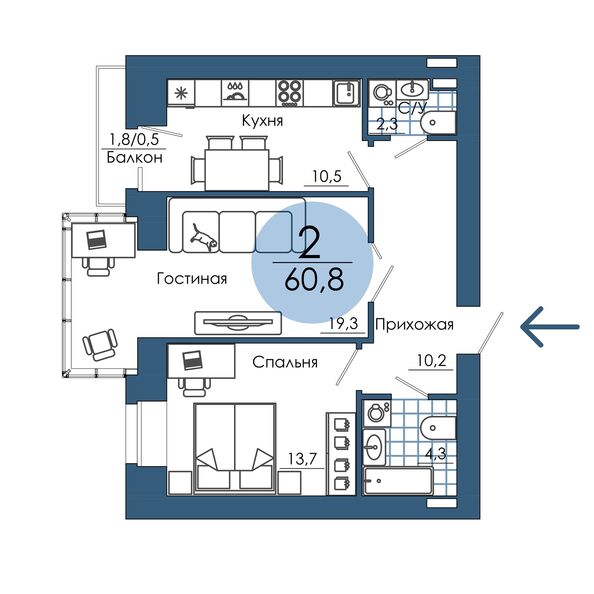 Планировка 2-комн 60,8 м²