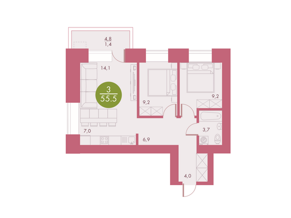 Планировка трехкомнатной квартиры 55,5 кв.м