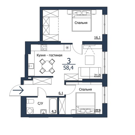 Планировка 3-комн 58,4 м²