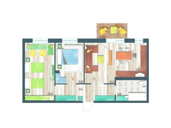 Планировка трехкомнатной квартиры 66,53 кв.м