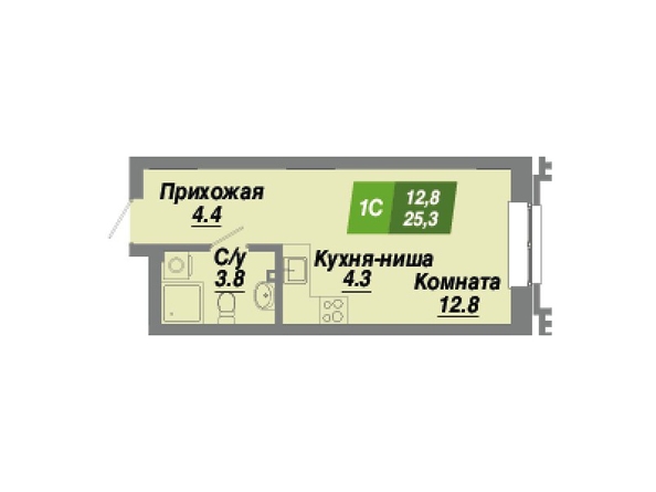 Планировка 1-комн 25,3 м²