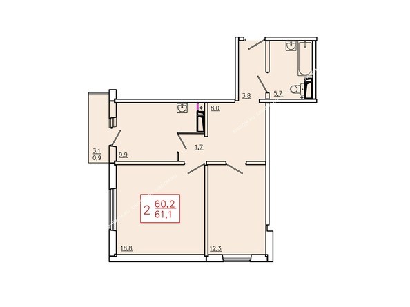 Планировка двухкомнатной квартиры 61,1 кв.м. Этажи 10-16