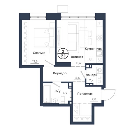 Планировка 2-комн 53 м²