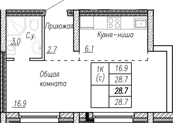 Планировка 1-комн 28,7 м²