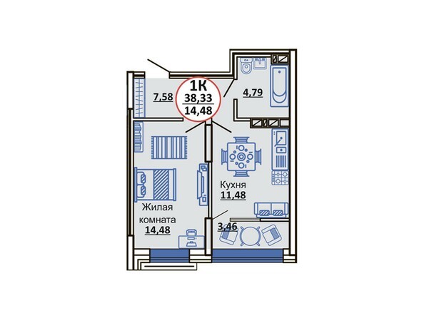 Планировка 1-комнатной квартиры 38,33 кв.м
