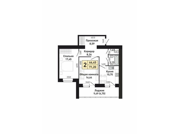 Планировка двухкомнатной квартиры 66,45 кв.м