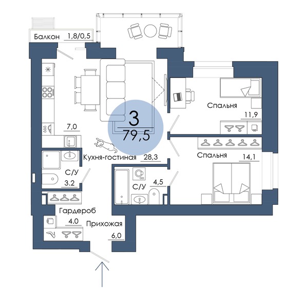 Планировка 3-комн 79,5 м²