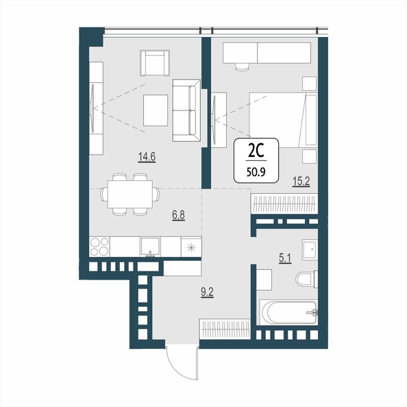 Планировка 2-комн 50,9 м²