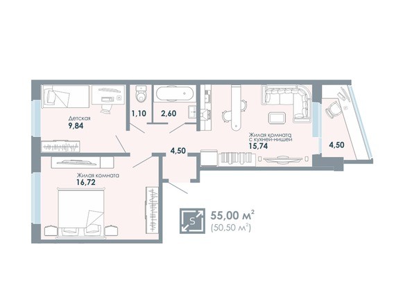 Планировка 3-комнатной квартиры 55,00 кв.м