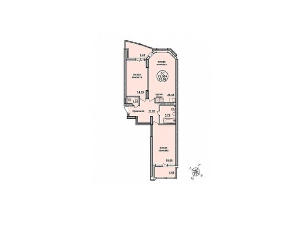 Планировка трехкомнатной квартиры 79,55 кв.м