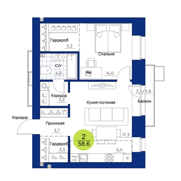 Планировка 2-комн 58,6 м²