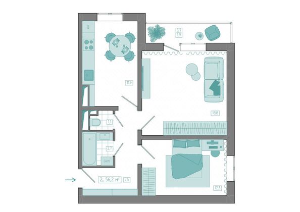 Планировка 2-комн 56,2 м²