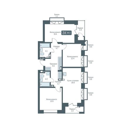 Планировка 3-комн 88,2 - 89,4 м²
