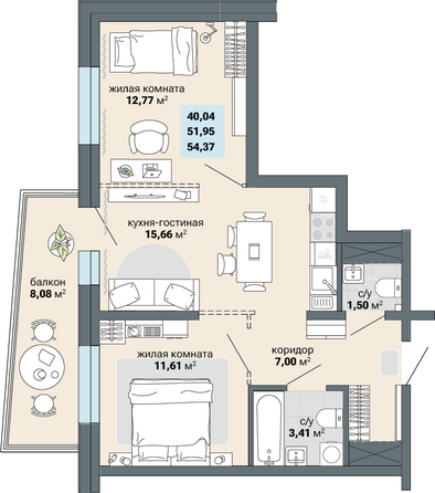 Планировка 2-комн 54,37 м²