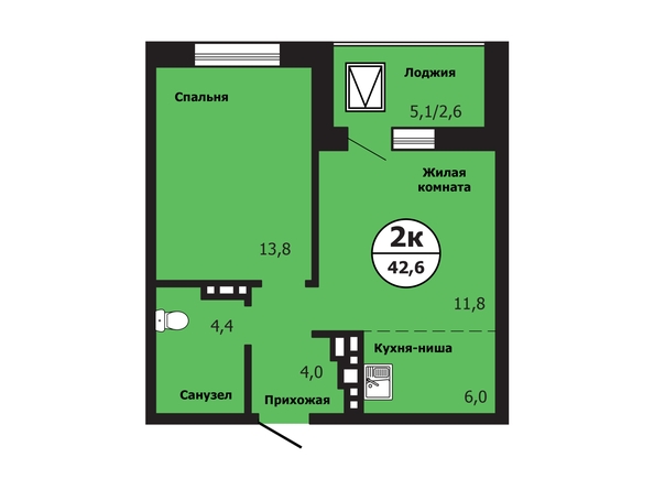 Планировка 2-комн 42,6 м²