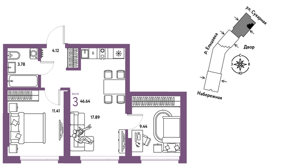 Планировка 3-комн 46,64 - 49,31 м²