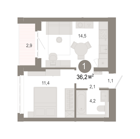 Планировка 1-комн 36,2 - 36,55 м²