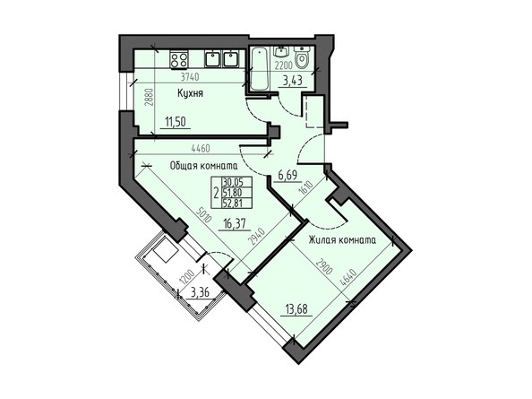 Планировка двухкомнатной квартиры 52,81 кв.м
