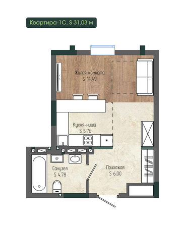 Планировка 1-комн 31,03 м²