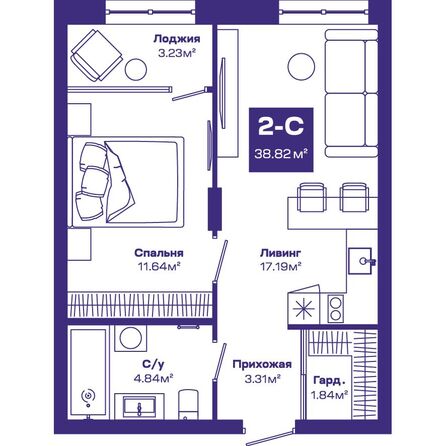 Планировка 2-комн 38,82 м²