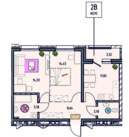 Планировка 2-комн 60,92 м²